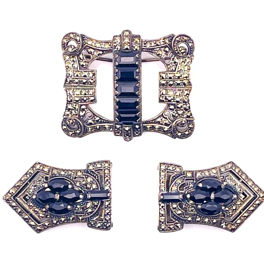 Vintage Art Deco Convertible Sterling Brooch Duette Dress Clip Set Black Crystal